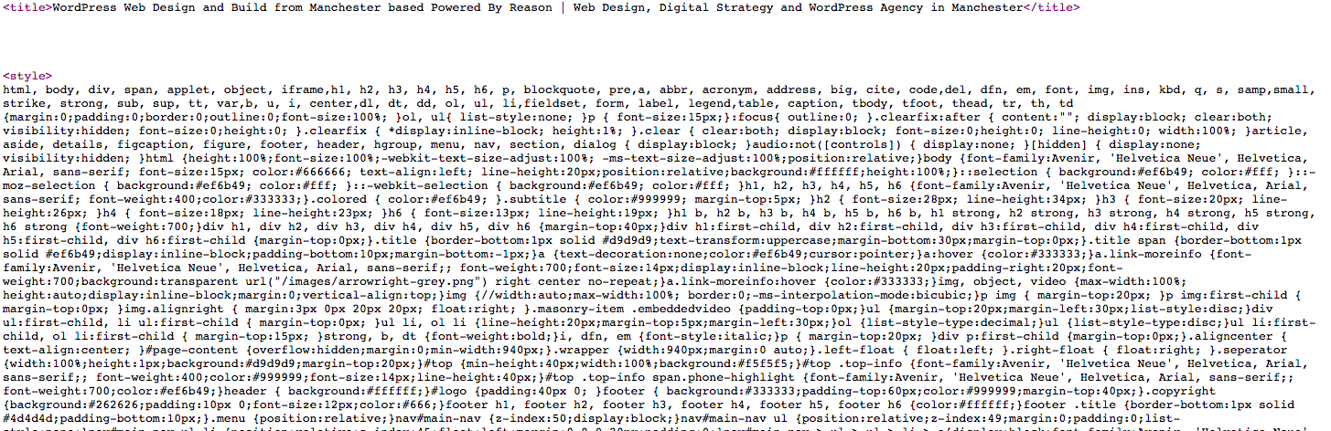 A screenshot of the page source, showing the CSS inlined in the head